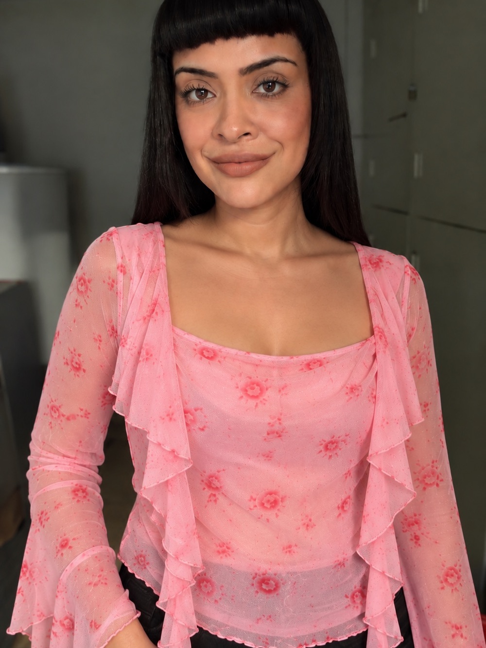 Sheer Pink Floral Ruffle Long-Sleeve Top